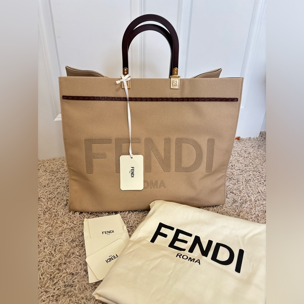 Fendi Sunshine Medium Tote Bag Canvas Beige Brown - Picture 2 of 12